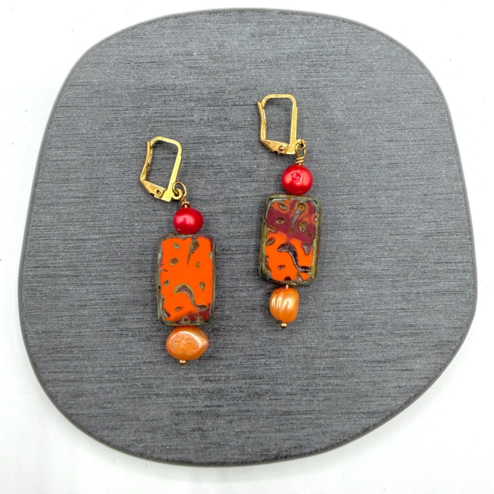 Orange Artisan Beaded Dangle Earrings Gold Tone Leverback Red Boho Statement